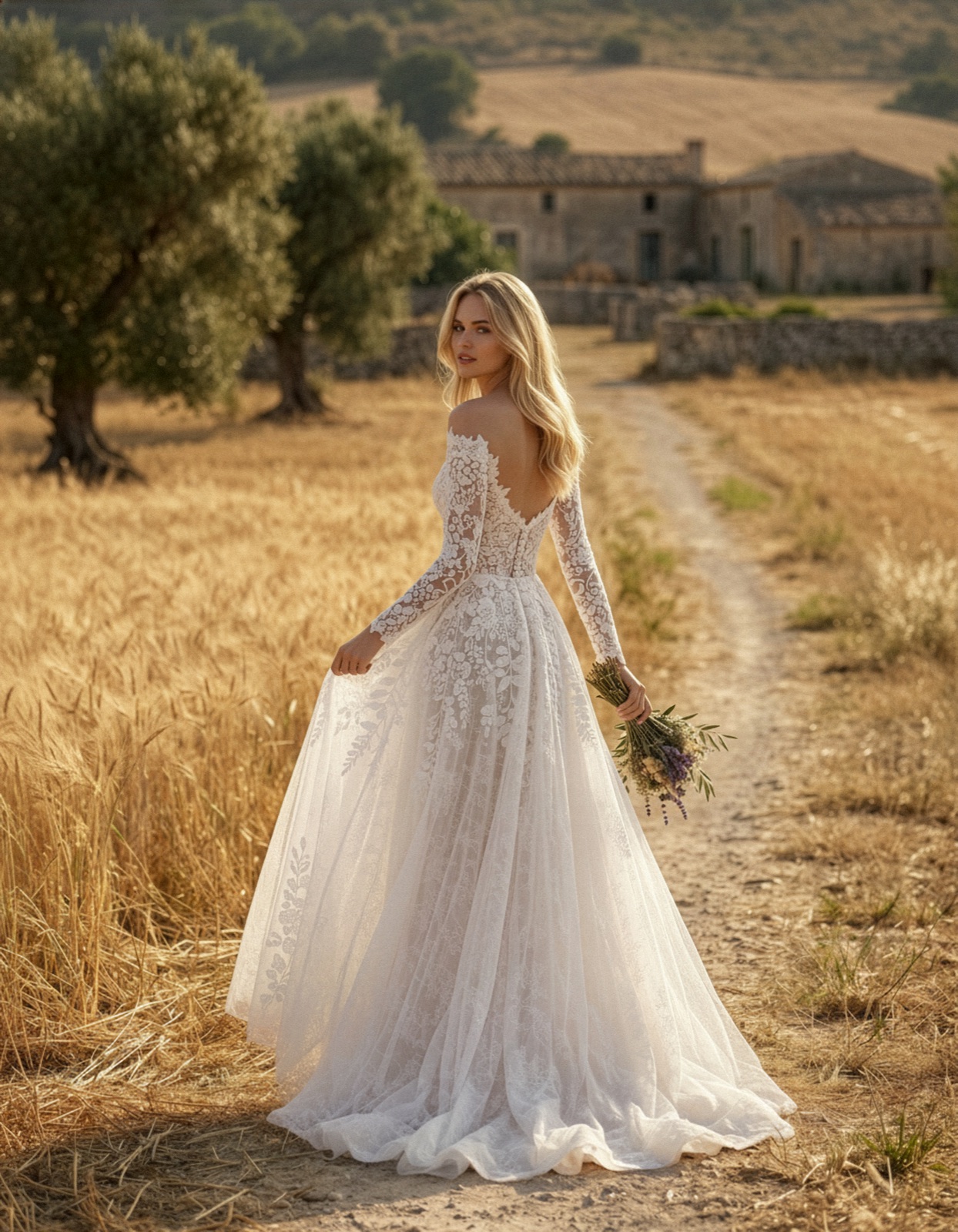 Model in a dress in a warm rural setting