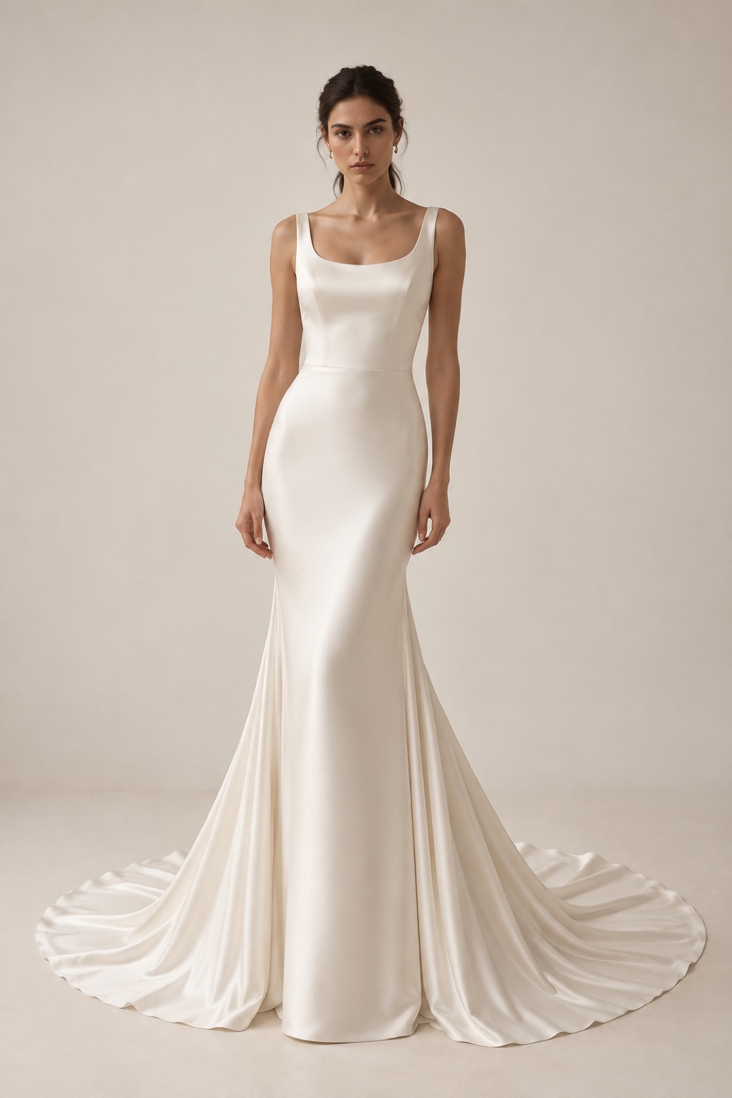 Smooth bridal dress worn by a model in a studio