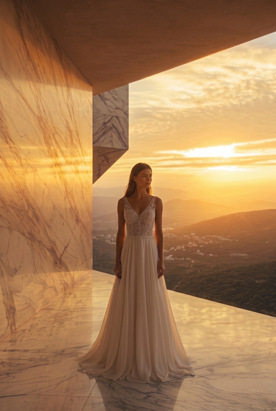 Dress on a marble terrace at sunset