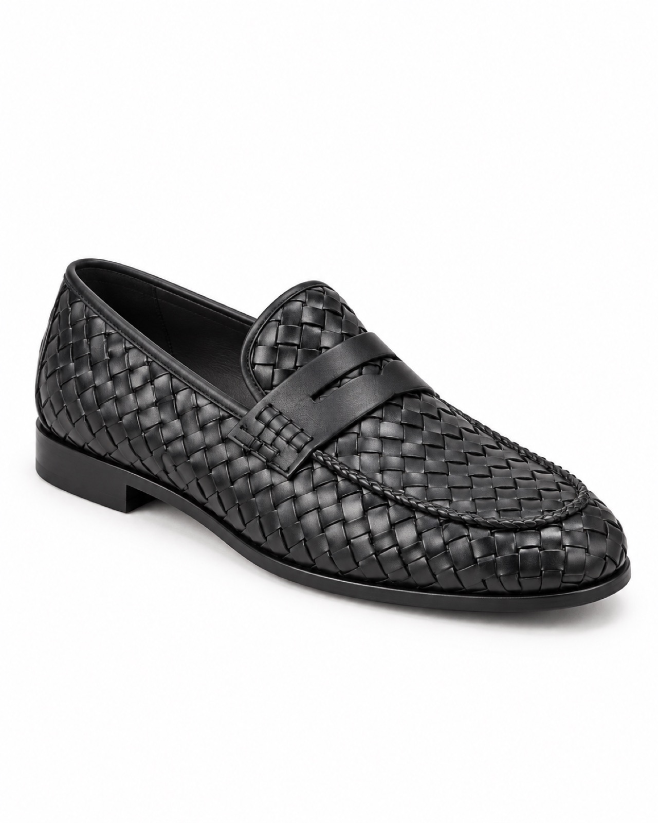 Black woven loafer on a white background