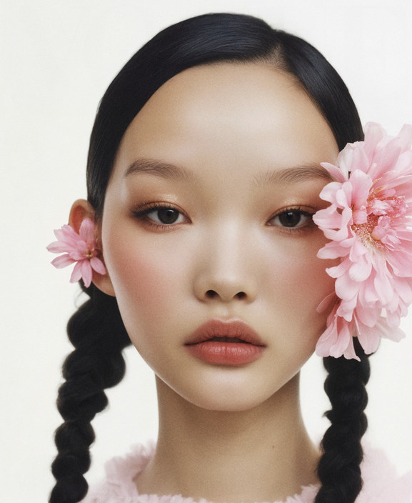 Portrait of a model with braids and a pink flower